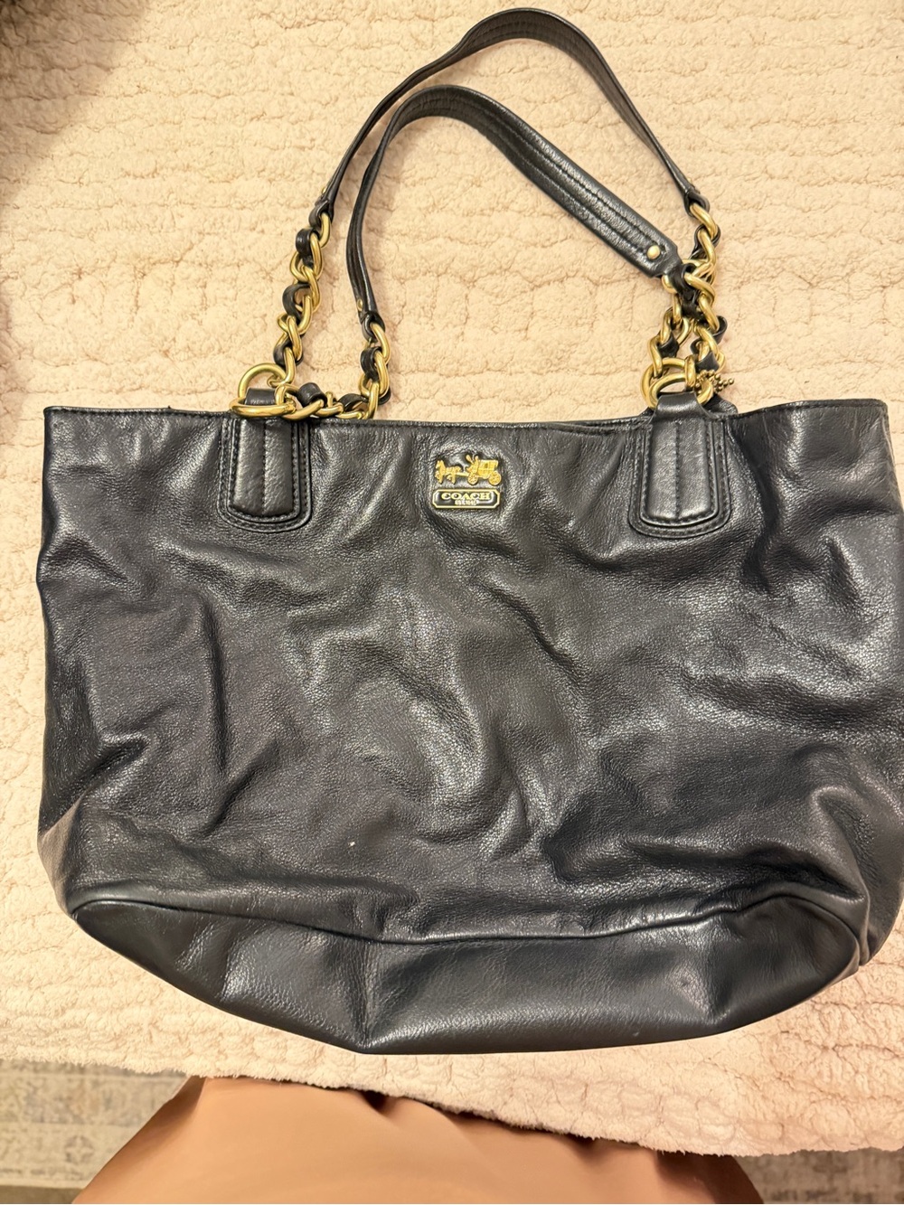 Coach Black Leather Tote with Gold Chain Handles